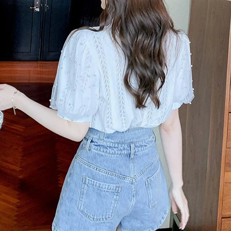 Camisa Feminina de Renda Manga Curta  - Serenité