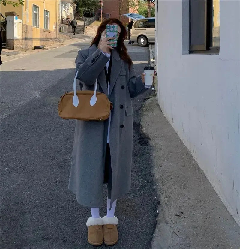 Casaco de lã feminino estilo coreano