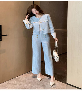 Look Elegância Tweed – Conjunto de Duas Peças com Casaco e Calça de Alfaiataria