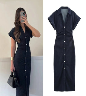 Vestido Jeans Midi Slim com Lapela - Look Seoul Denim Chic