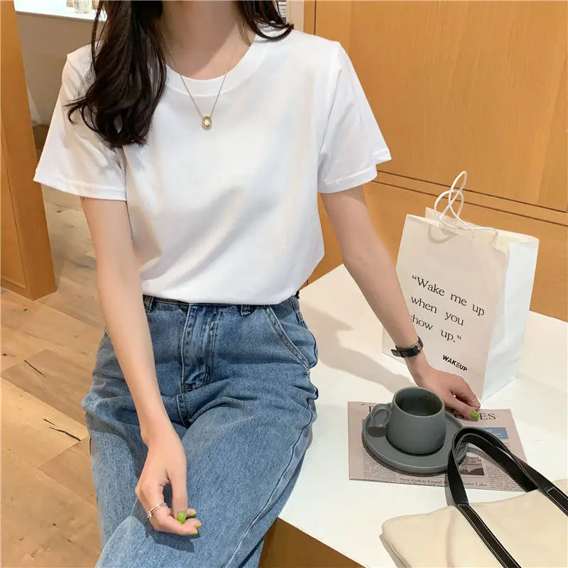 Camiseta feminina de manga curta de algodão, gola redonda