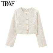 TRAF Women Fashion Autumn New Casual Jacket Round Neck Long Sleeved Single-breasted Pocket Short Coats Chic Ladies Tops Mujer