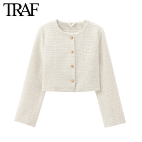 TRAF Women Fashion Autumn New Casual Jacket Round Neck Long Sleeved Single-breasted Pocket Short Coats Chic Ladies Tops Mujer