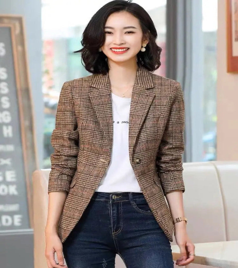 Blazer Feminino Xadrez – Look Seoul Autumn