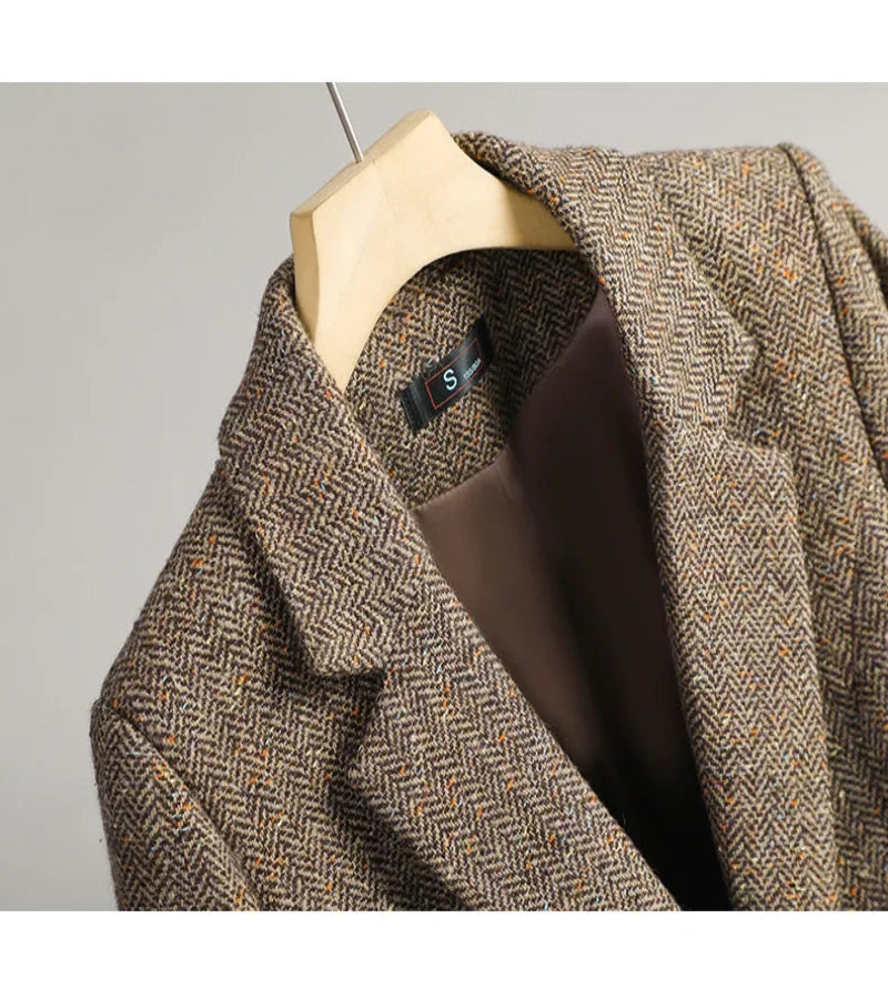 Terno de Lã Feminino Xadrez Tweed – Estilo Casual Coreano