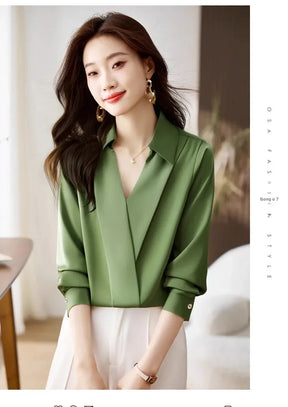Camisa feminina versátil de cetim de seda, cor pura, top de chiffon aberto