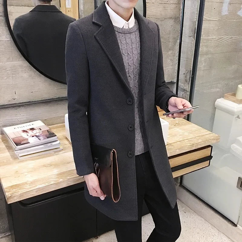 Casaco longo de algodão masculino 2024 outono inverno nova mistura de lã cor pura casual negócios moda fino blusão jaqueta roupas masculinas