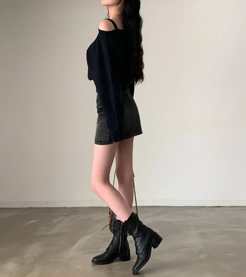 Blusa Suéter Estilo Coreano Chique com Ombros de Fora