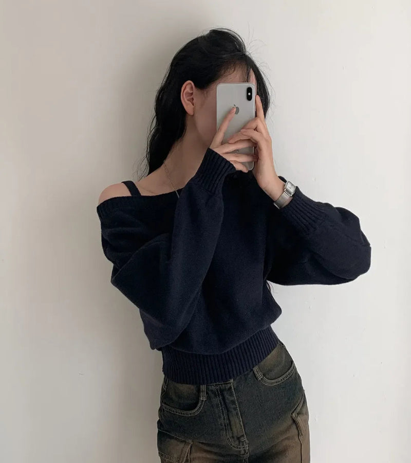 Blusa Suéter Estilo Coreano Chique com Ombros de Fora
