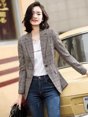 Blazer Feminino Xadrez – Look Seoul Autumn