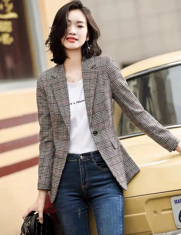 Blazer Feminino Xadrez – Look Seoul Autumn