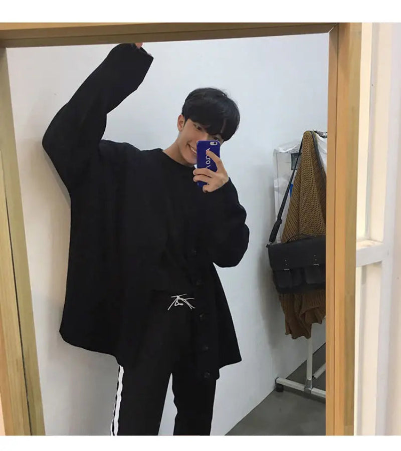 Suéter de Malha Solto com Abotoamento Simples - Estilo Coreano