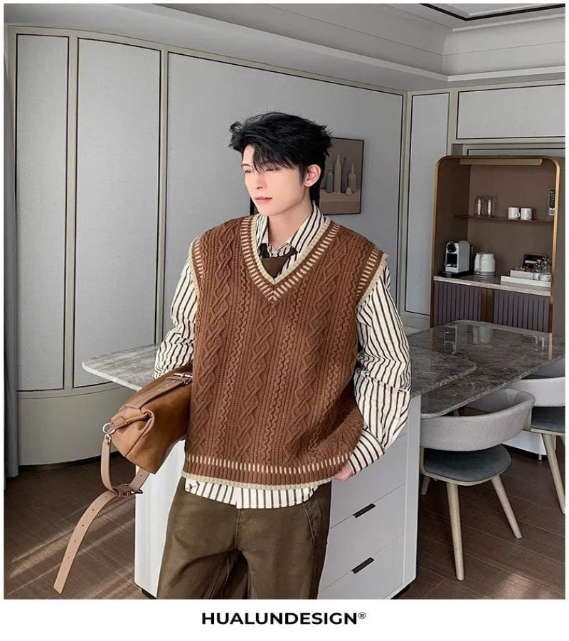 Colete Suéter Masculino Casual Decote em V – Estilo Coreano Clássico