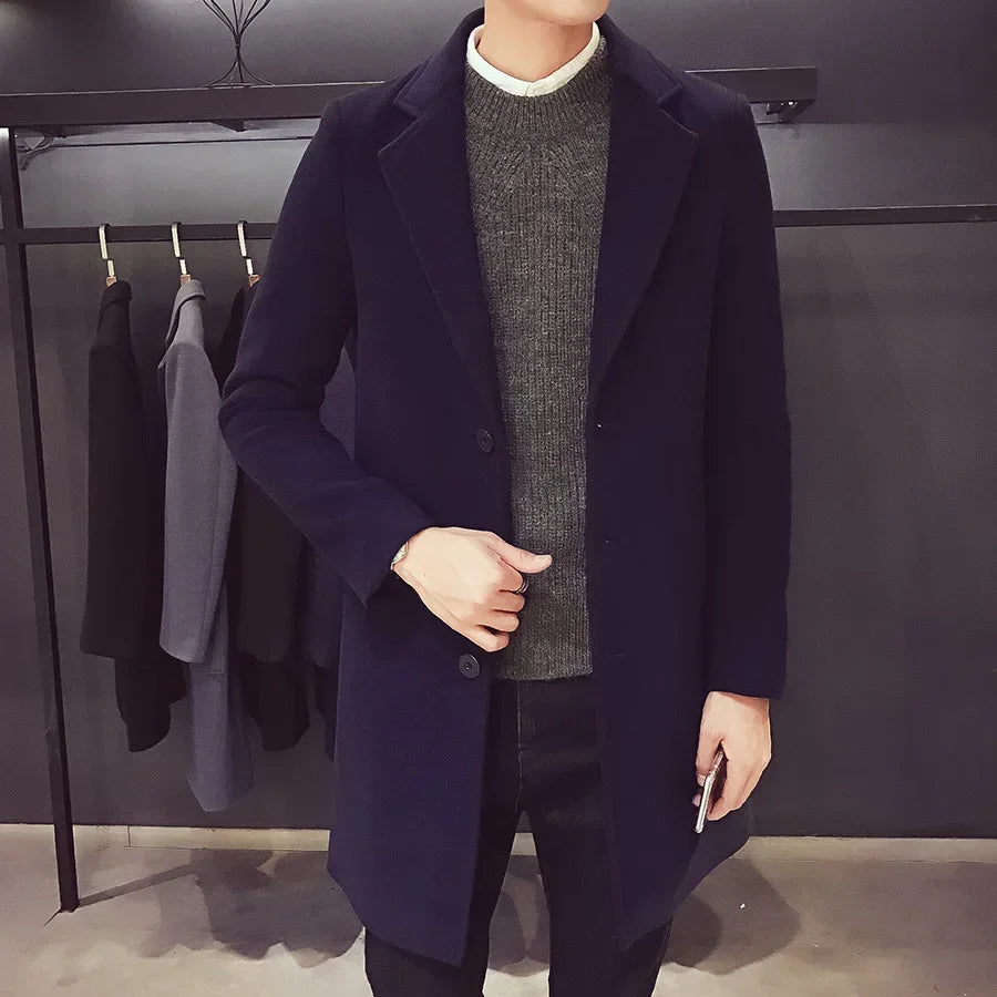 Casaco longo de algodão masculino 2024 outono inverno nova mistura de lã cor pura casual negócios moda fino blusão jaqueta roupas masculinas