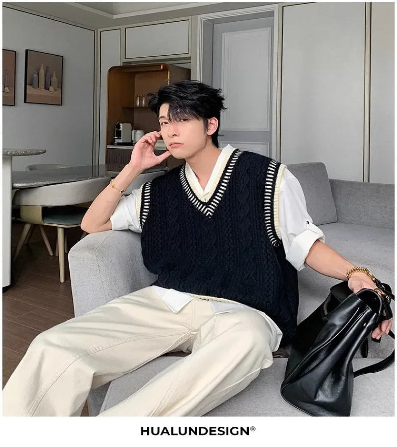 Colete Suéter Masculino Casual Decote em V – Estilo Coreano Clássico