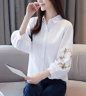 Camisa Bordada com Gola Polo e Manga 3/4