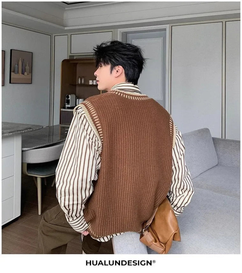 Colete Suéter Masculino Casual Decote em V – Estilo Coreano Clássico