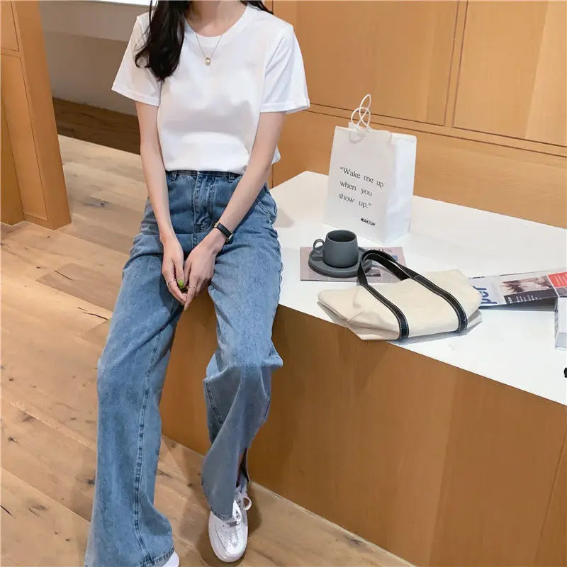 Camiseta feminina de manga curta de algodão, gola redonda