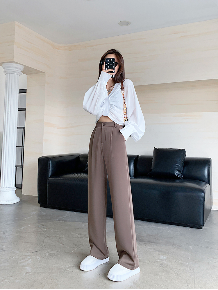 Calça feminina de cintura alta até o chão, reta e comprida