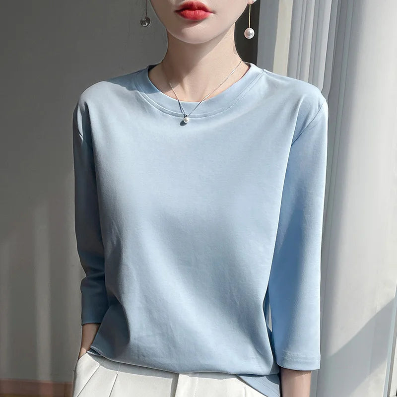 Blusa Básica em Algodão Mercerizado com Manga Cropped  "Primavera de Seul"