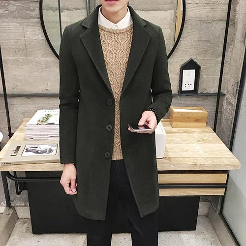Casaco longo de algodão masculino 2024 outono inverno nova mistura de lã cor pura casual negócios moda fino blusão jaqueta roupas masculinas