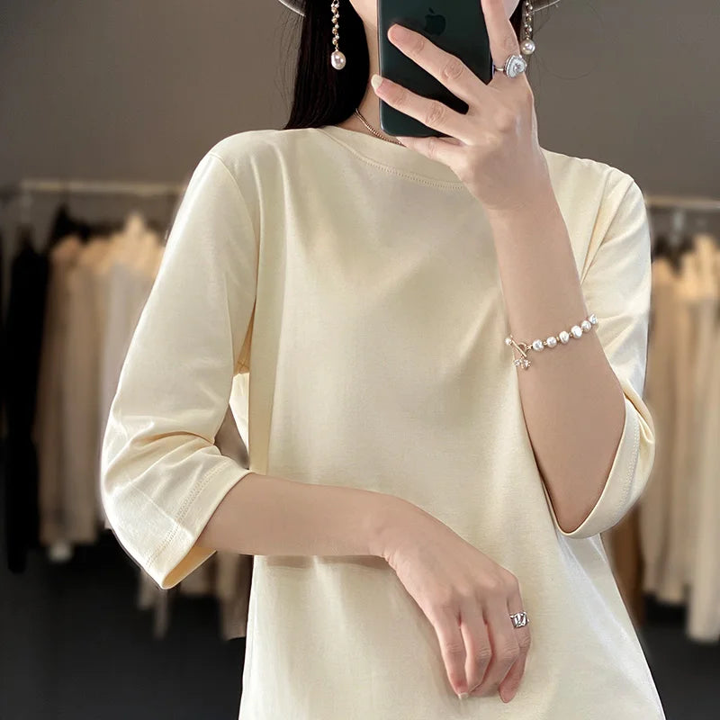 Blusa Básica em Algodão Mercerizado com Manga Cropped  "Primavera de Seul"