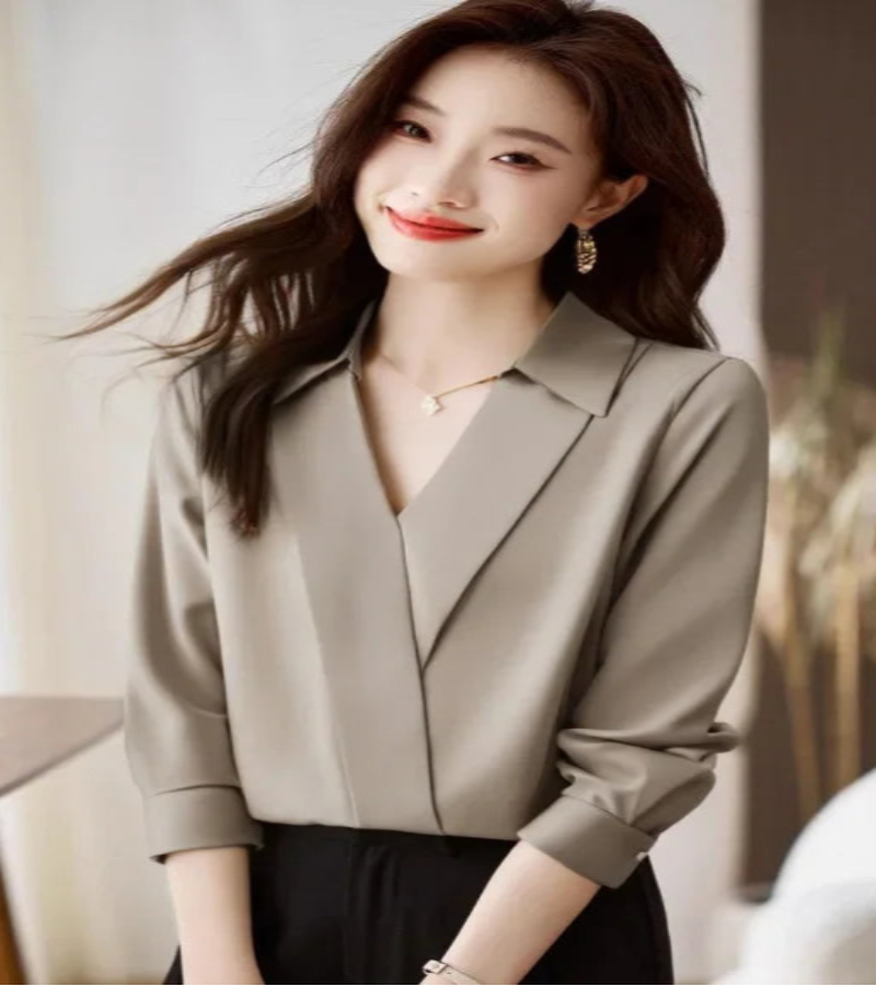 Camisa feminina versátil de cetim de seda, cor pura, top de chiffon aberto