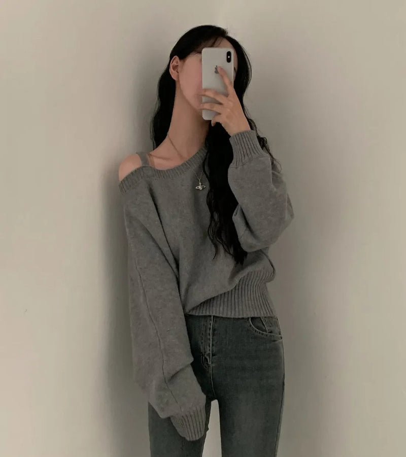 Blusa Suéter Estilo Coreano Chique com Ombros de Fora