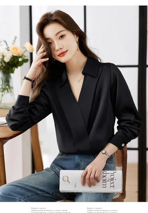 Camisa feminina versátil de cetim de seda, cor pura, top de chiffon aberto