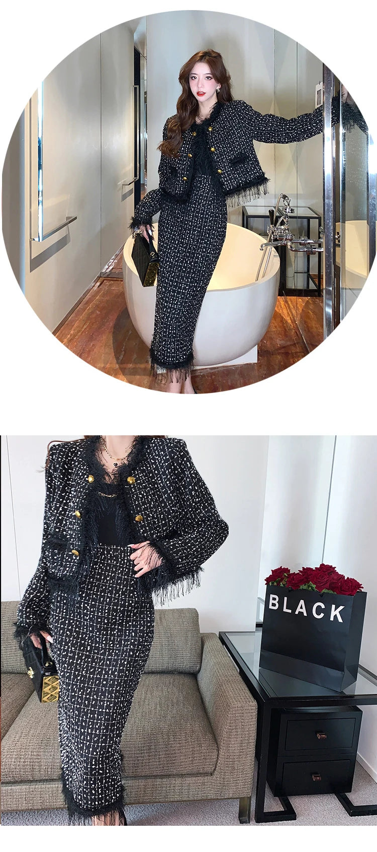 Conjunto com Casaco Saia alta Longa Conjunto