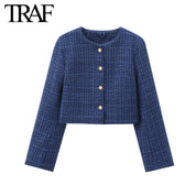 TRAF Women Fashion Autumn New Casual Jacket Round Neck Long Sleeved Single-breasted Pocket Short Coats Chic Ladies Tops Mujer