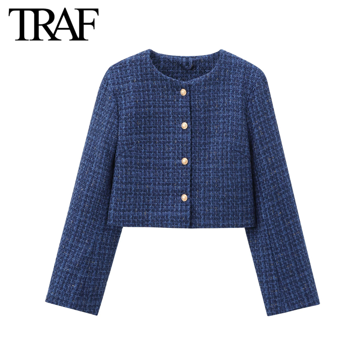TRAF Women Fashion Autumn New Casual Jacket Round Neck Long Sleeved Single-breasted Pocket Short Coats Chic Ladies Tops Mujer