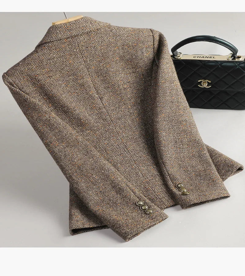 Terno de Lã Feminino Xadrez Tweed – Estilo Casual Coreano