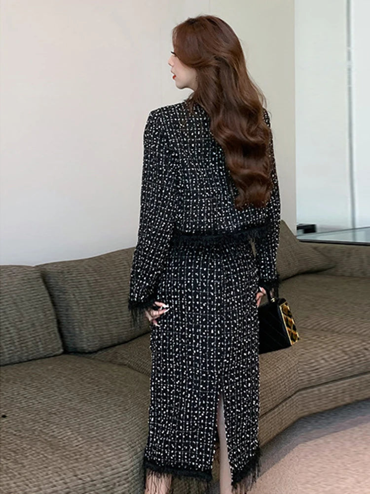 Conjunto com Casaco Saia alta Longa Conjunto