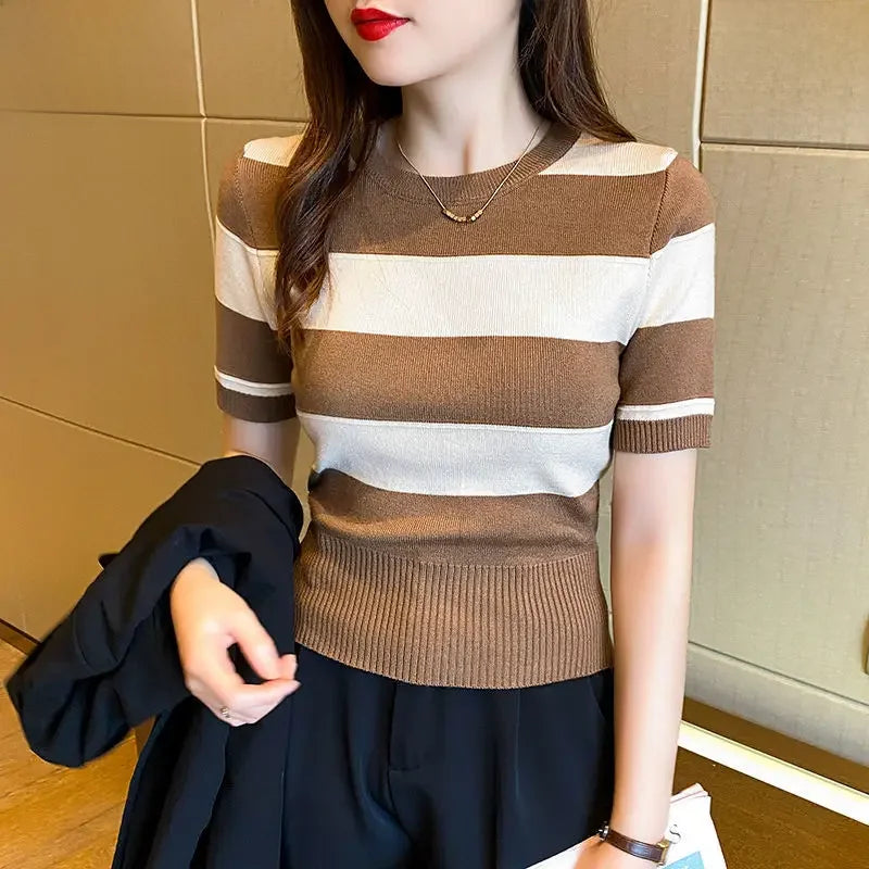 Cropped Versão Coreana Slimming Suave Listrado