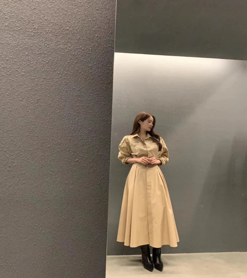 Vestido Malha Solto com Gola Redonda - Look Meia-Estação Coreano