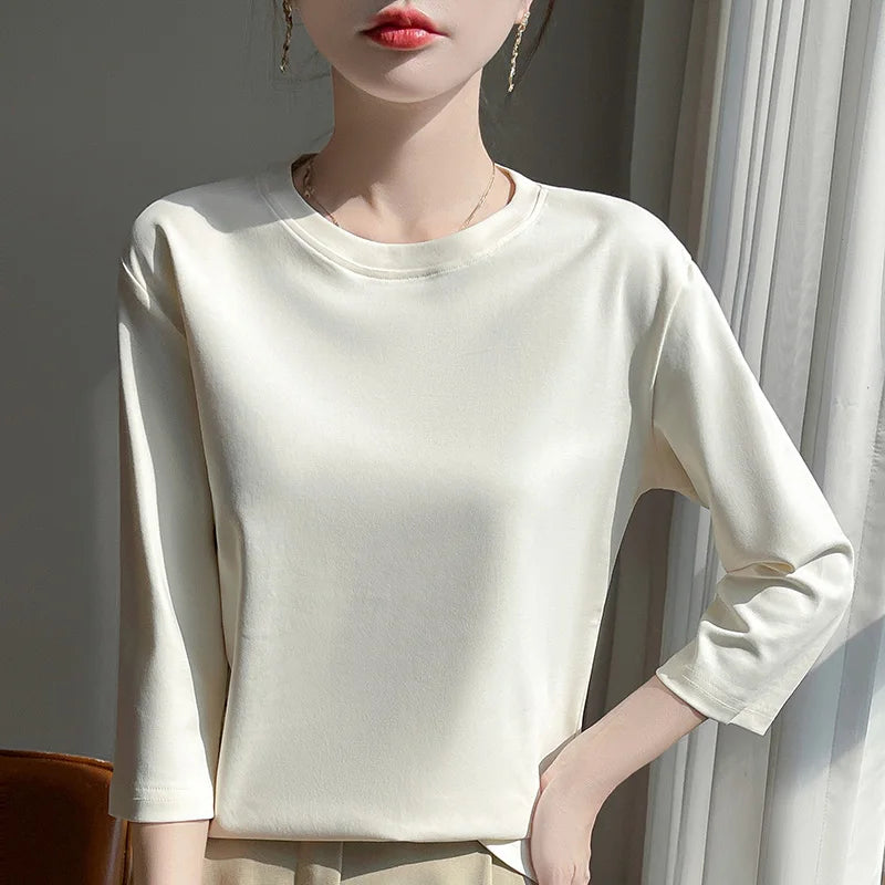 Blusa Básica em Algodão Mercerizado com Manga Cropped  "Primavera de Seul"