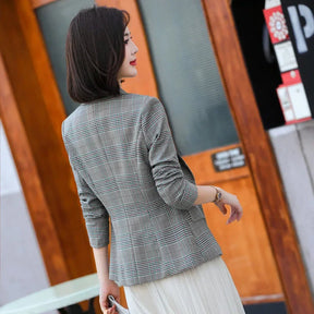Blazer feminino cinza listrado xadrez slim fashion