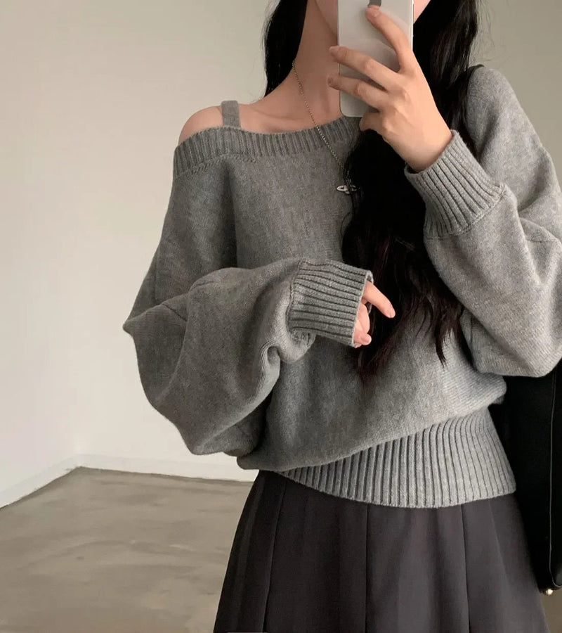Blusa Suéter Estilo Coreano Chique com Ombros de Fora