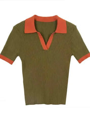 Camiseta Feminina Canelada Manga Curta  Gola Polo - Serenité