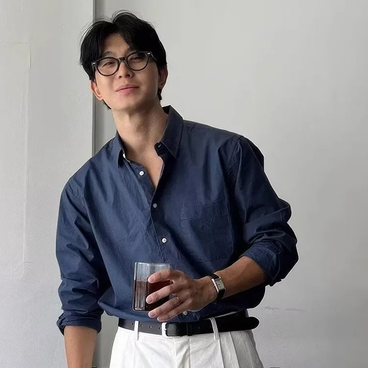 Camisa Masculina Coreana de Manga Longa com Pregas - Look Seoul Chic