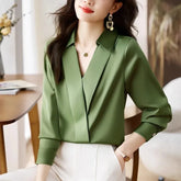 Camisa feminina versátil de cetim de seda, cor pura, top de chiffon aberto