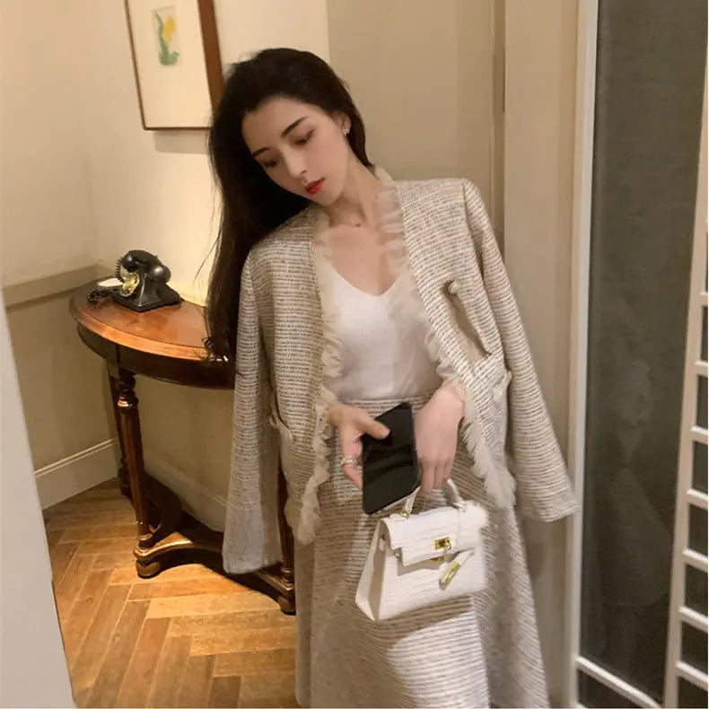 Conjunto de Duas Peças Tweed Estilo Saia