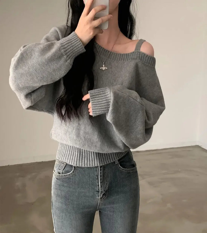 Blusa Suéter Estilo Coreano Chique com Ombros de Fora
