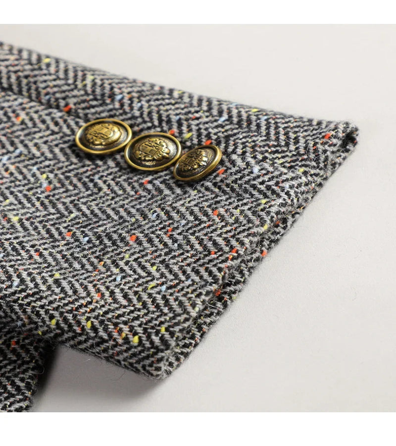 Terno de Lã Feminino Xadrez Tweed – Estilo Casual Coreano