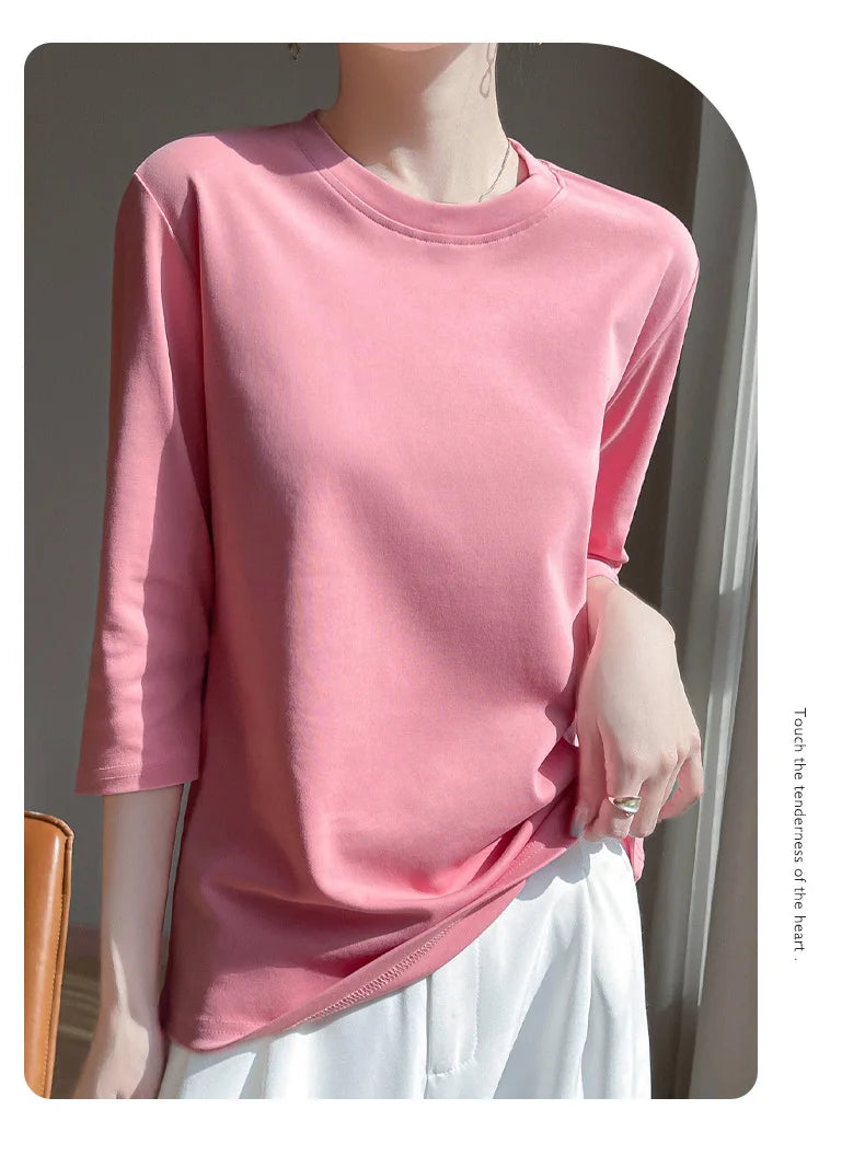 Blusa Básica em Algodão Mercerizado com Manga Cropped  "Primavera de Seul"