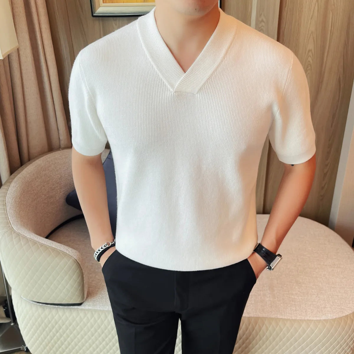 Suéter Masculino Grosso com Decote em V, Manga Curta, Cor Sólida, Tricô Casual Slim Fit, Versátil, 4XL - Coleção 2026