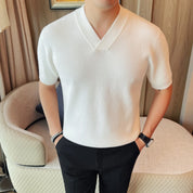 Suéter Masculino Grosso com Decote em V, Manga Curta, Cor Sólida, Tricô Casual Slim Fit, Versátil, 4XL - Coleção 2026