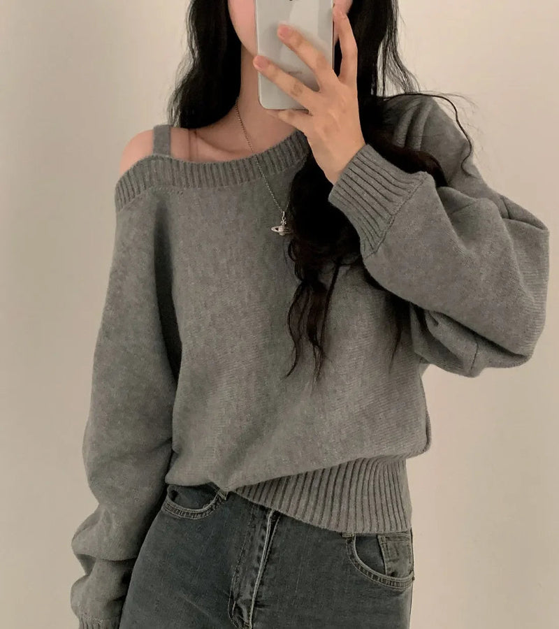 Blusa Suéter Estilo Coreano Chique com Ombros de Fora