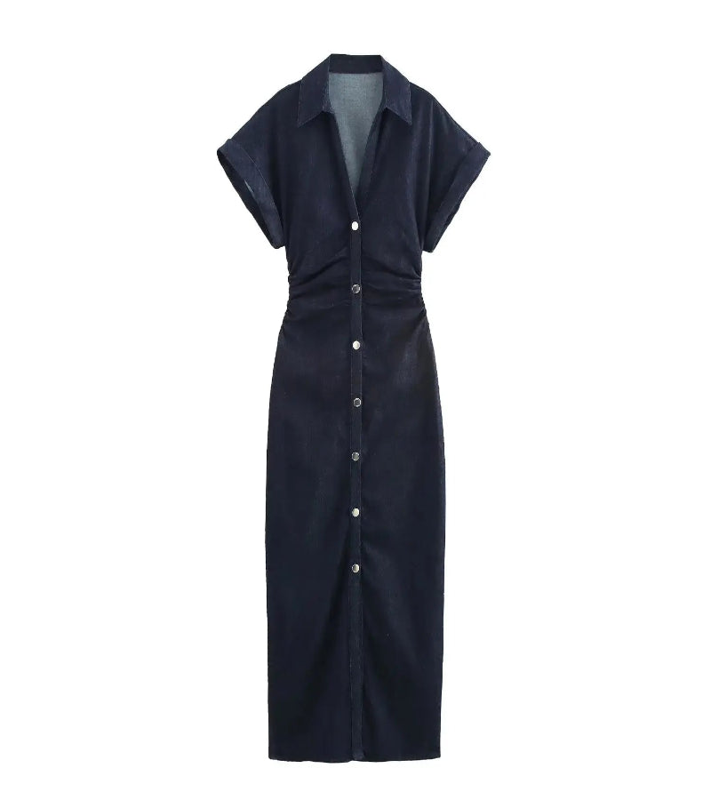 Vestido Jeans Midi Slim com Lapela - Look Seoul Denim Chic